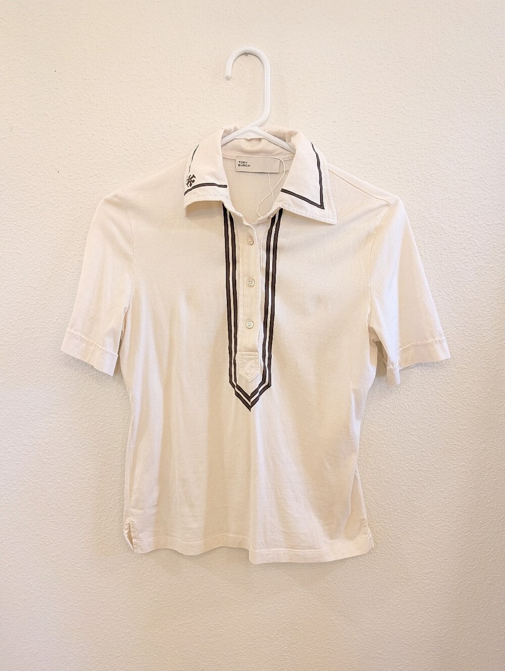 Tory Burch White Polo Blouse with Black Trim
